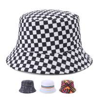 Korean New Style Black White Plaid Check Bucket Hats Polyester Fishing Caps Women Mens